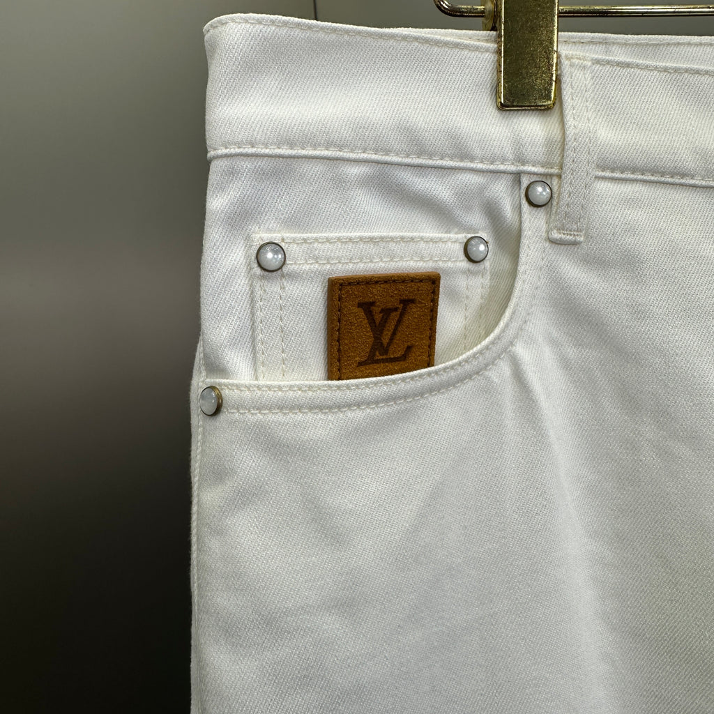 Louis Vuitton Classic Fit White Denim Pants with Tan Logo Patch