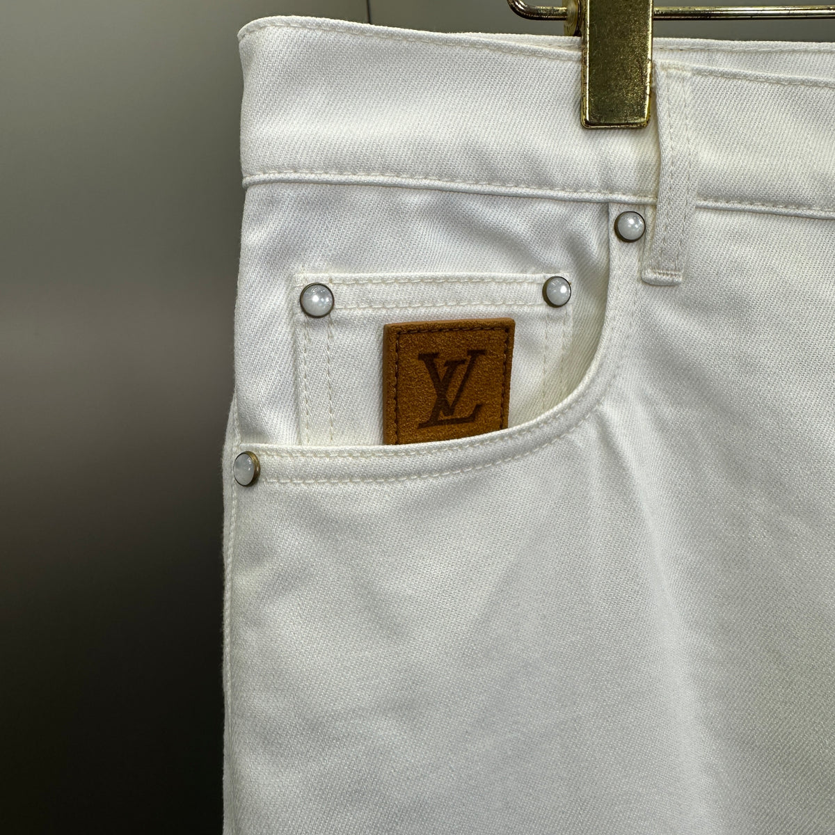 Louis Vuitton Classic Fit White Denim Pants with Tan Logo Patch