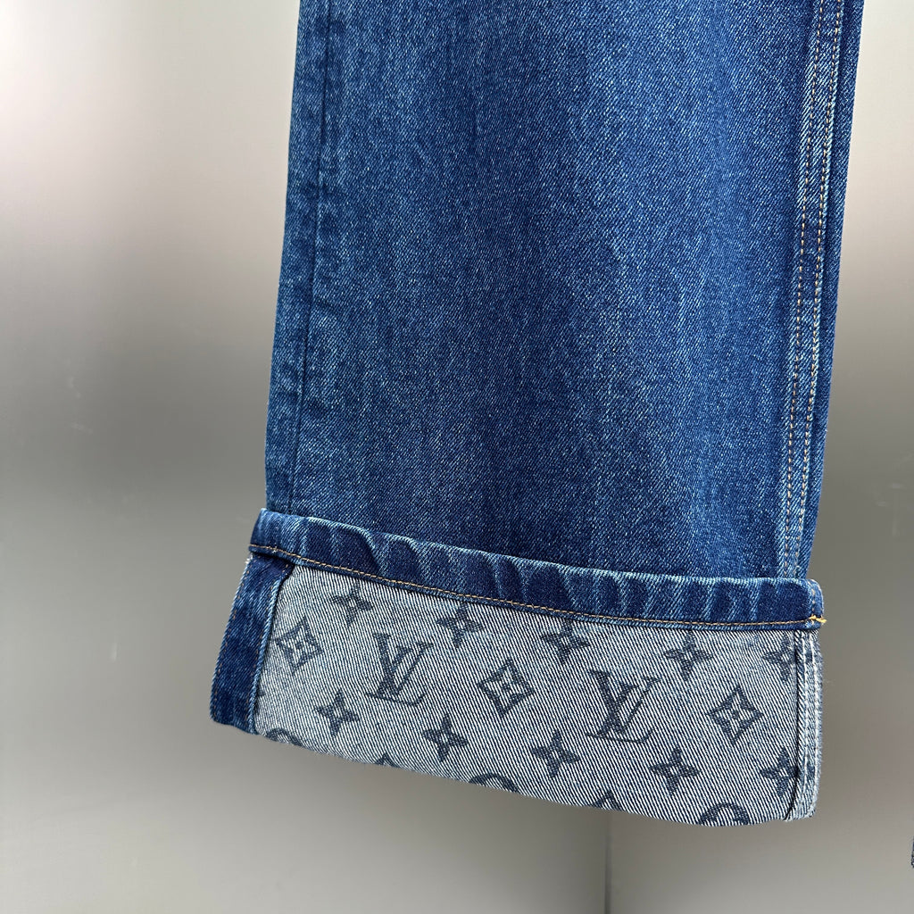 Louis Vuitton Rolled Hem Monogram Canvas Detail Denim Trousers