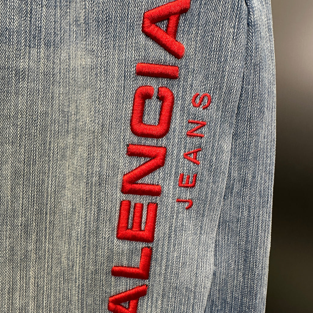 Balenciaga Light Wash Baggy Jeans with Red Side Logo