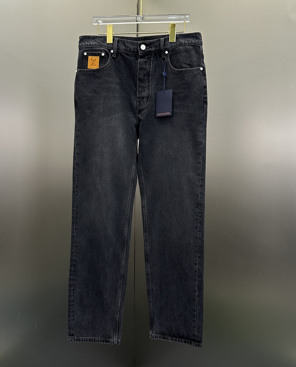 Louis Vuitton Faded Black Straight Denim Trousers with Heritage Leather Accent