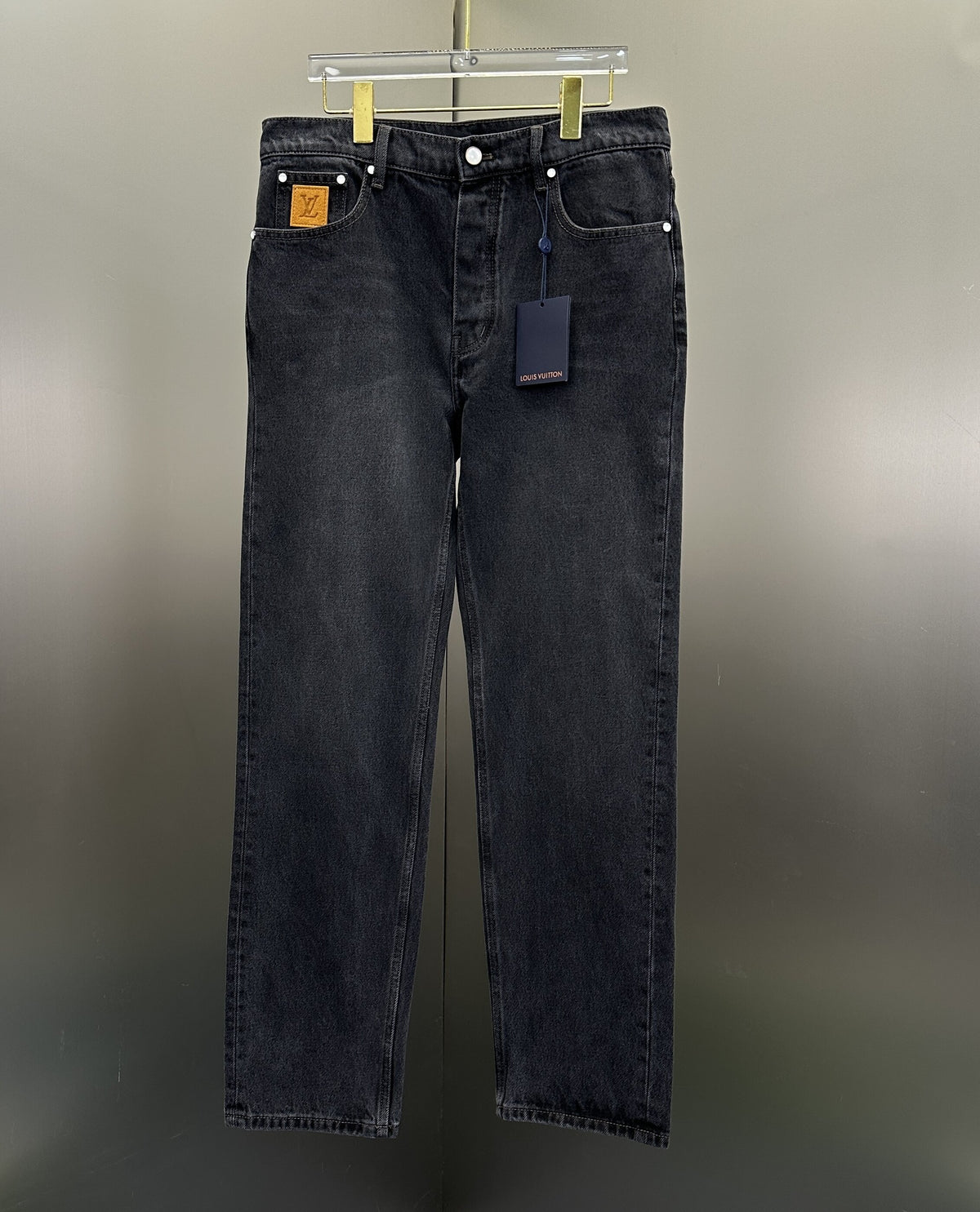 Louis Vuitton Faded Black Straight Denim Trousers with Heritage Leather Accent