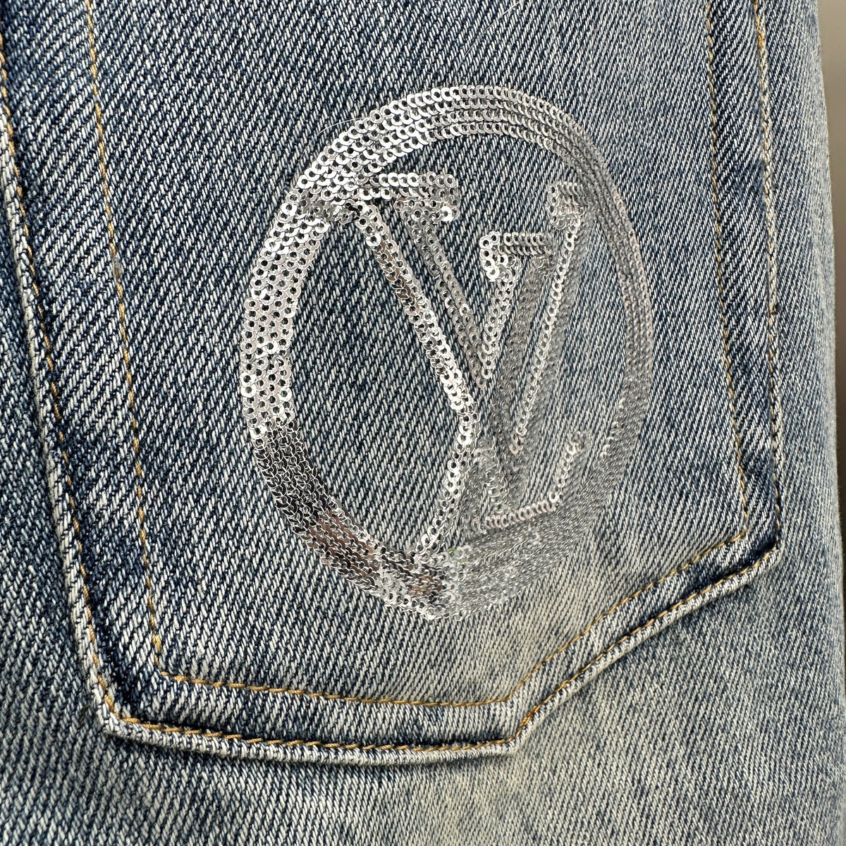 Louis Vuitton Silver LV Monogram Pocket Wide-Leg Denim Trousers