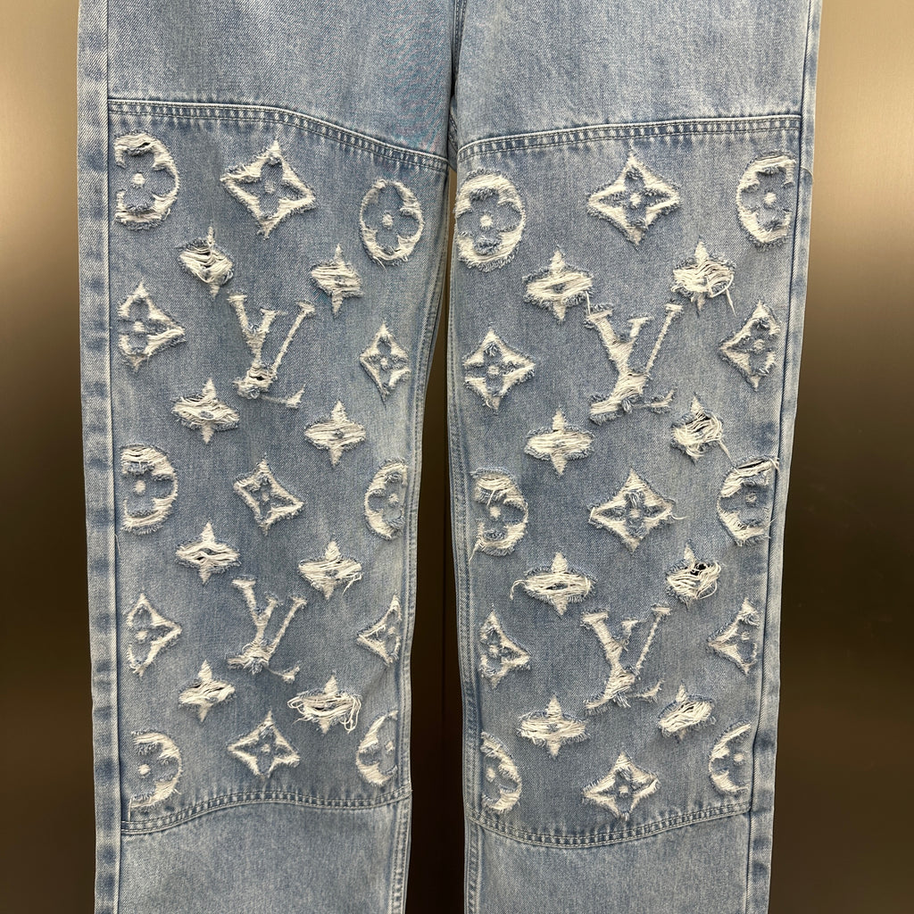 Louis Vuitton Washed Indigo Carpenter Fit Jeans with Frayed Monogram Panels