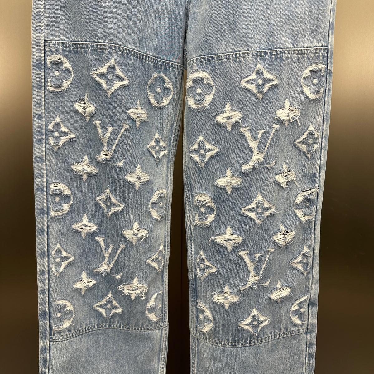 Louis Vuitton Washed Indigo Carpenter Fit Jeans with Frayed Monogram Panels