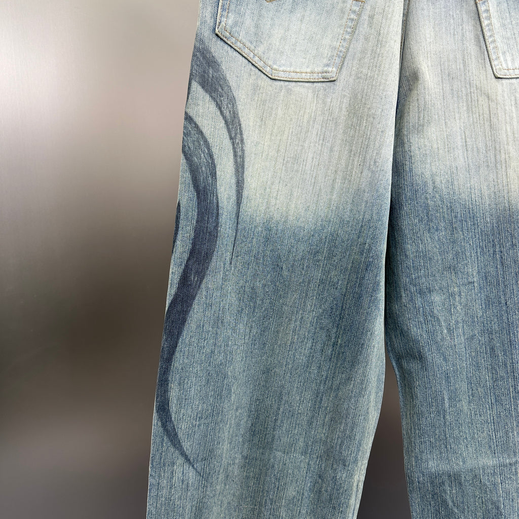 Balenciaga Faded Blue Flame Tribal Wide-Leg Denim
