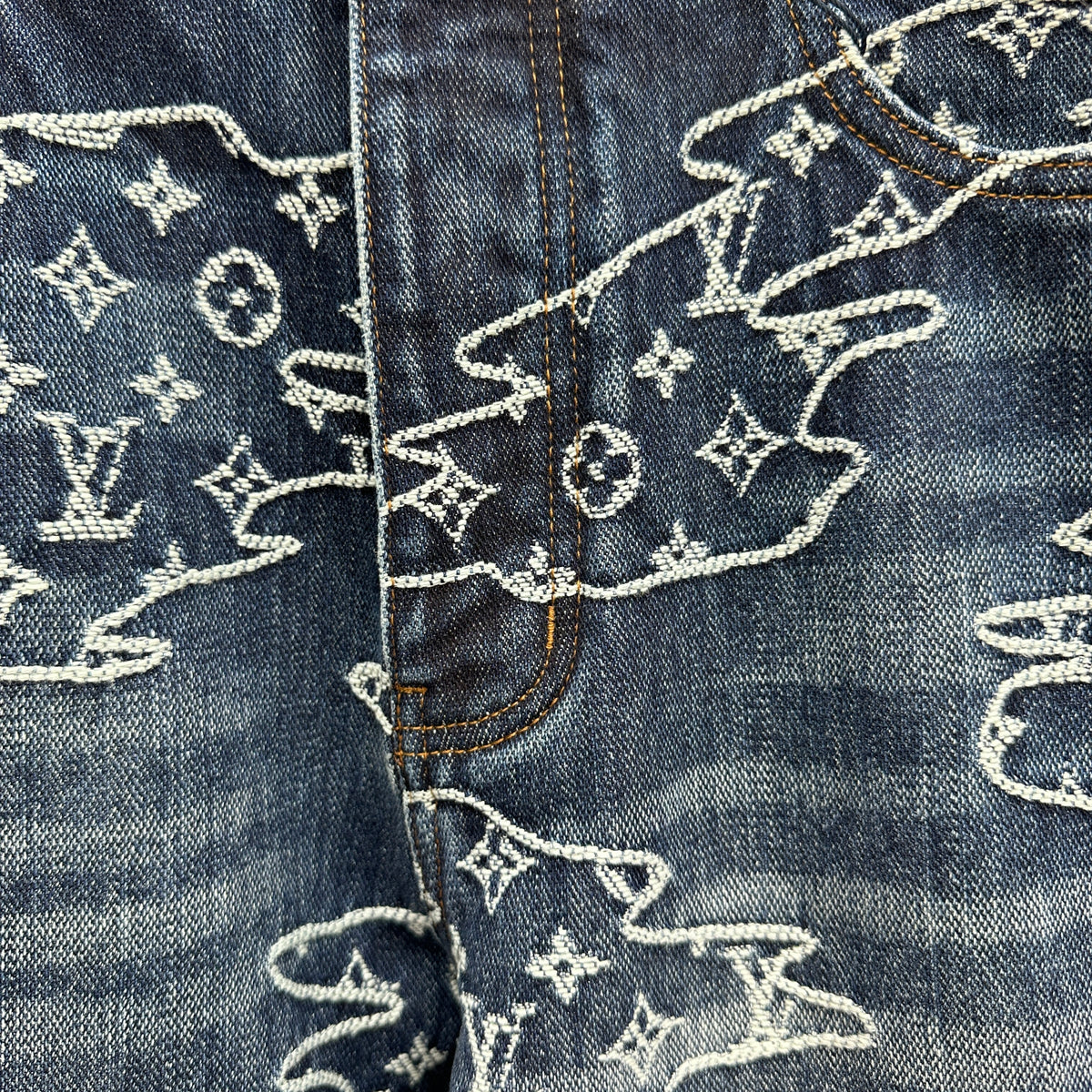 Louis Vuitton White Embroidered Cloud Motif Denim Trousers – Dark Blue