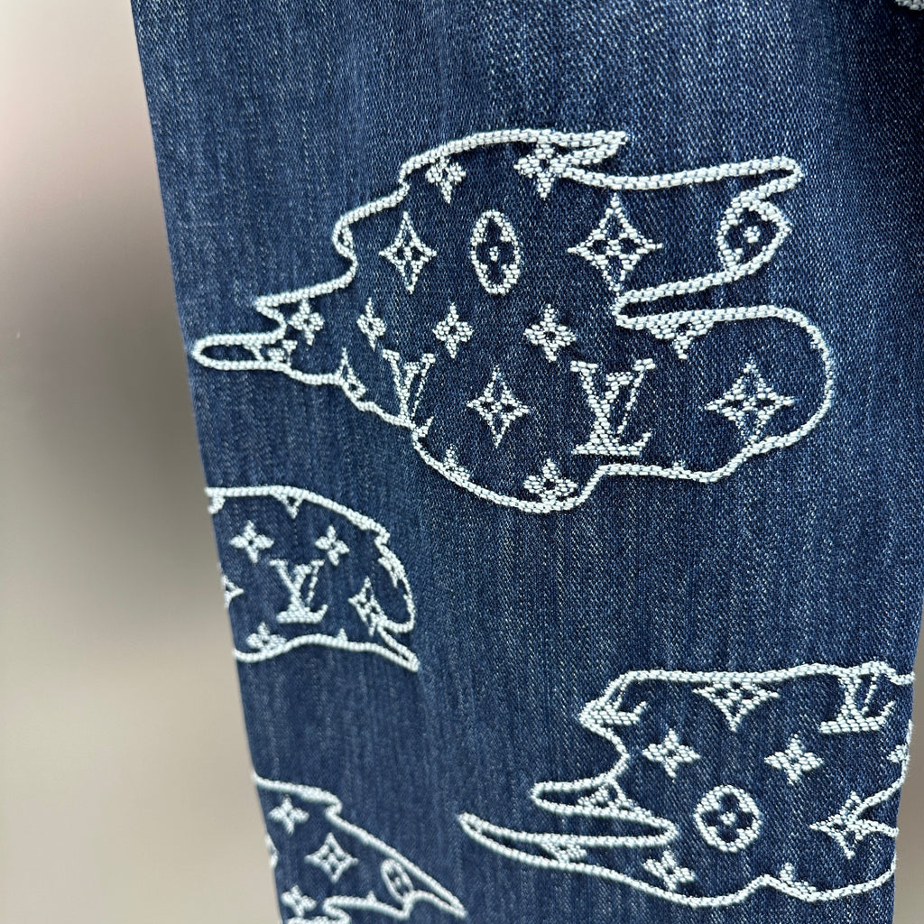 Louis Vuitton White Embroidered Cloud Motif Denim Trousers – Dark Blue