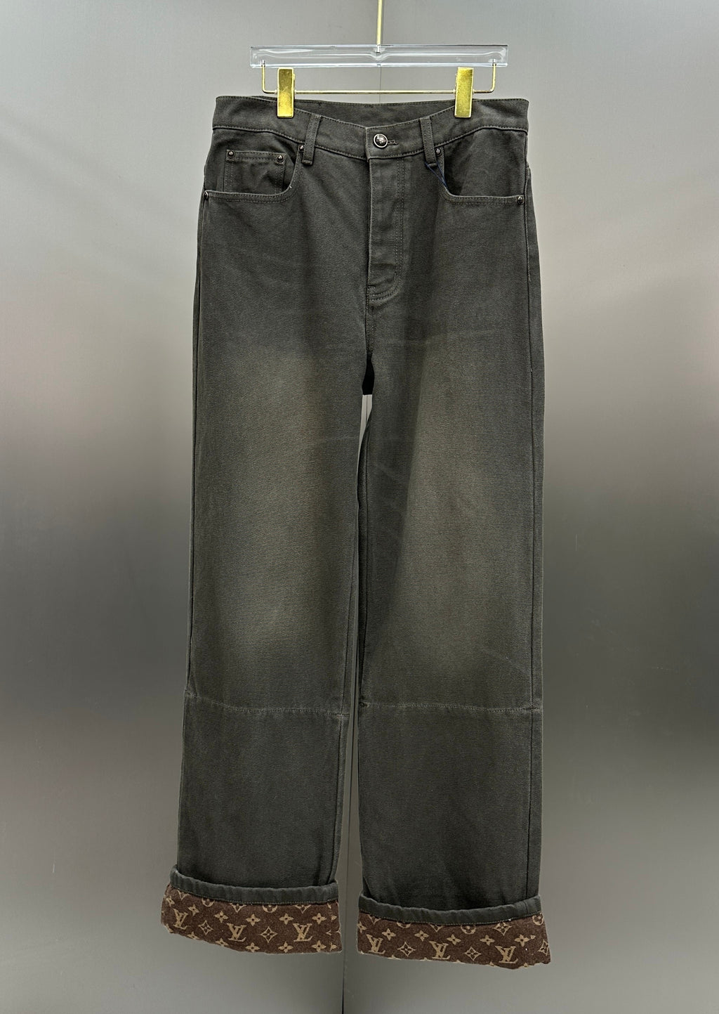 Louis Vuitton Double-Knee Faded Black Denim Trousers with Monogram Cuffs