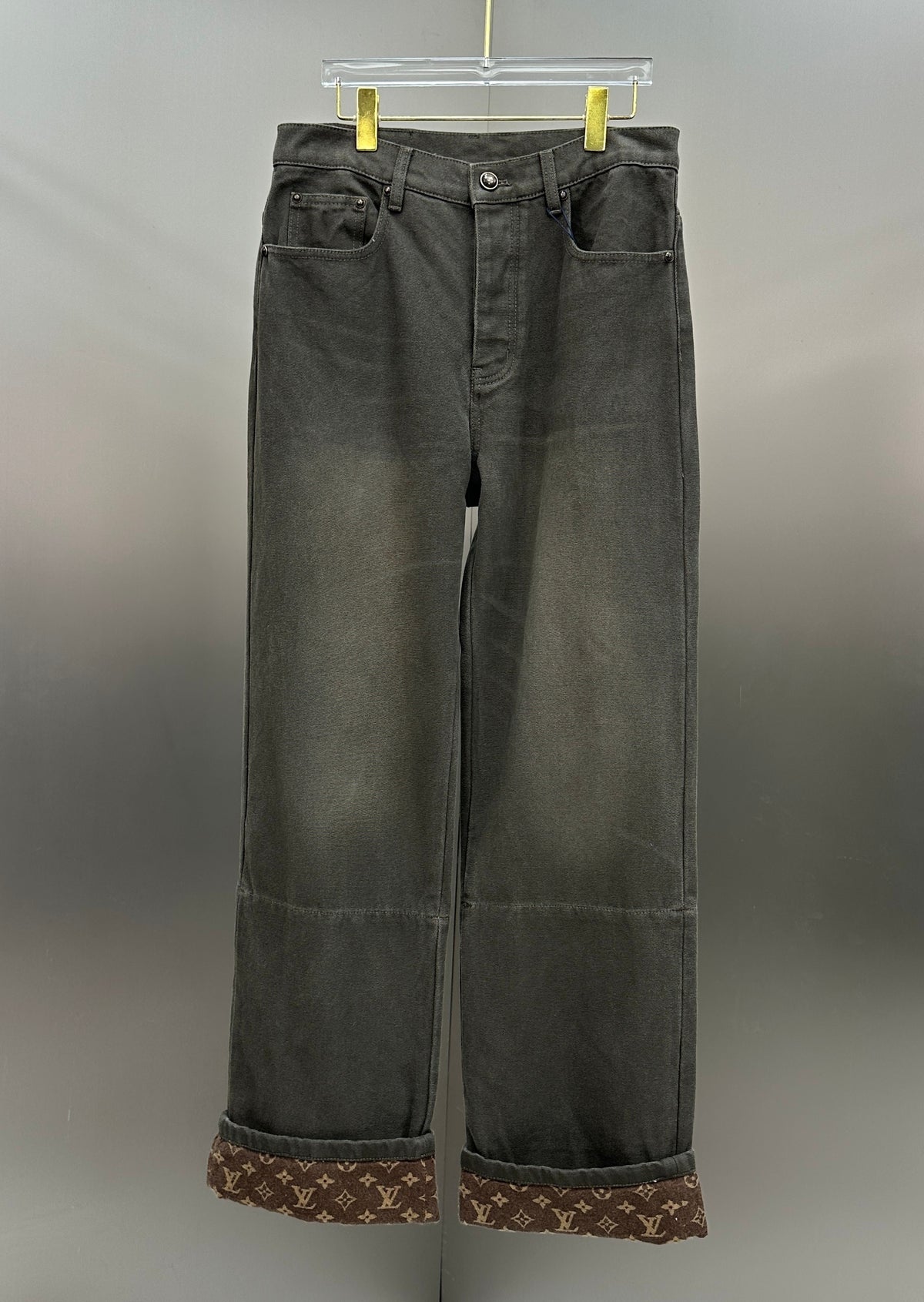 Louis Vuitton Double-Knee Faded Black Denim Trousers with Monogram Cuffs