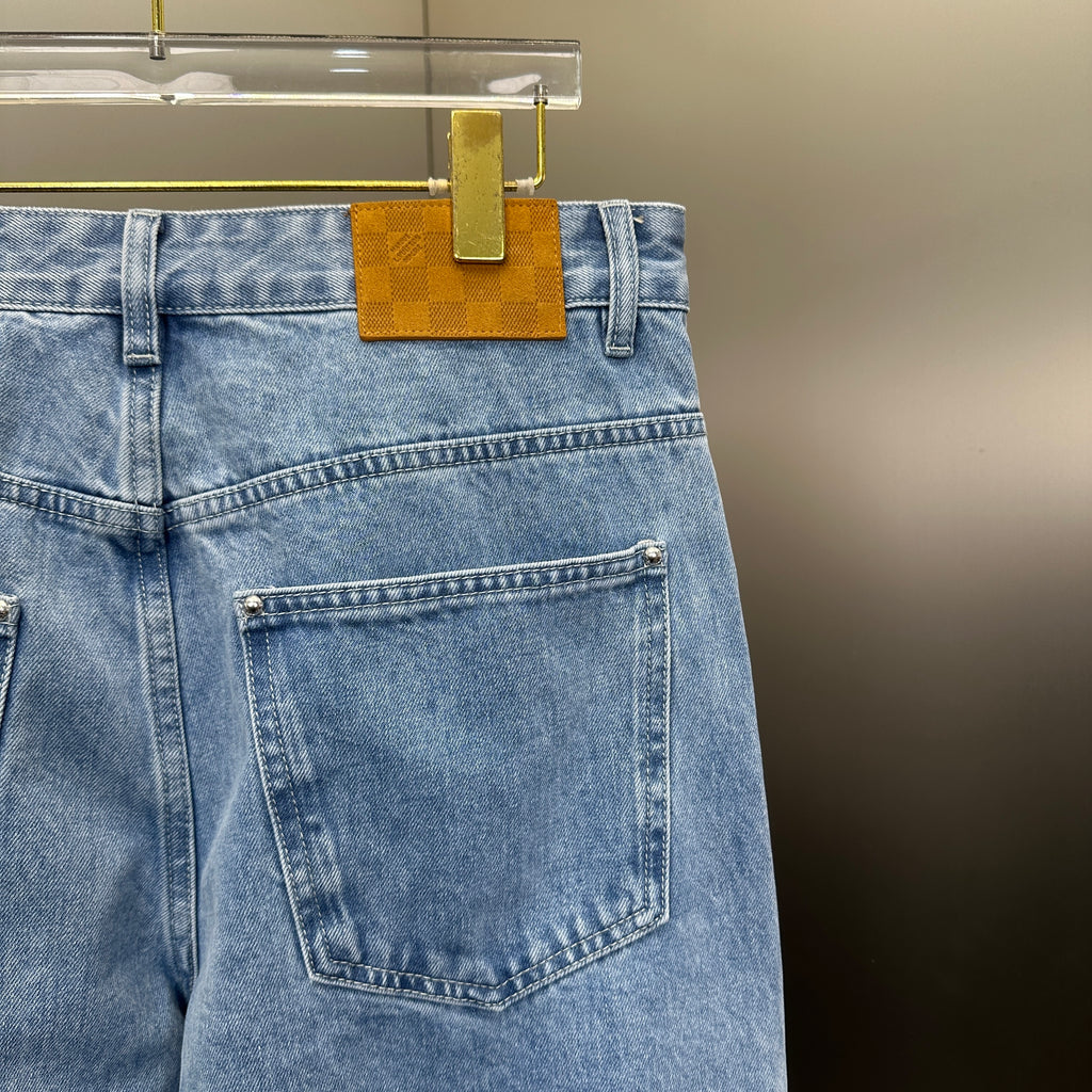 Louis Vuitton Washed Indigo Carpenter Fit Jeans with Frayed Monogram Panels
