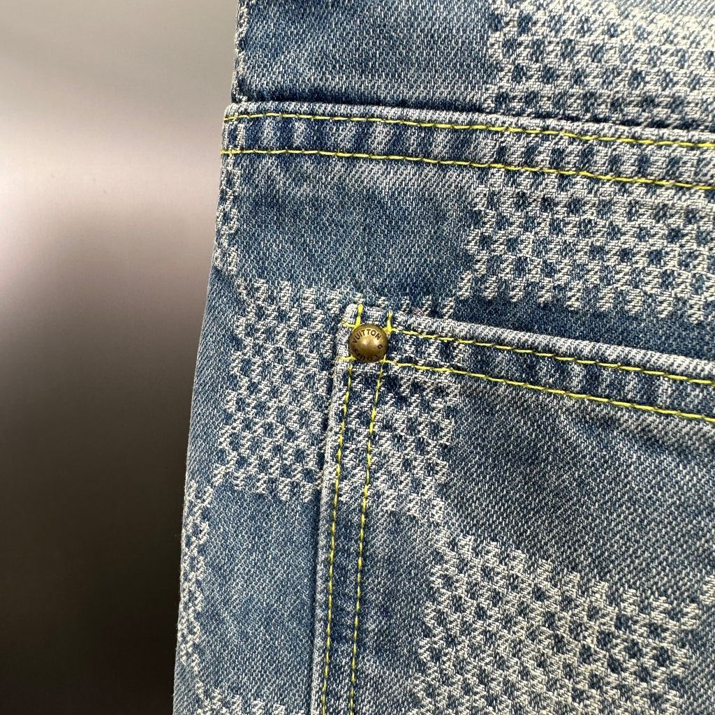 Louis Vuitton Bleached Damier Pattern Denim Trousers with Heritage Inscription