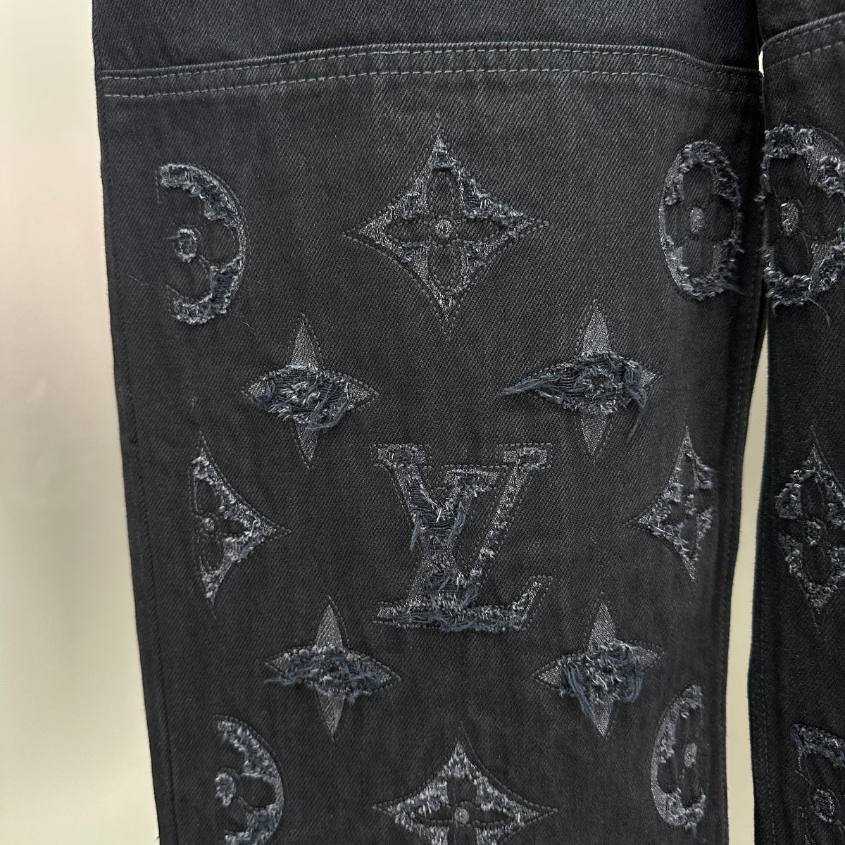 Louis Vuitton Cut-Out Monogram Jacquard Double-Knee Denim Trousers