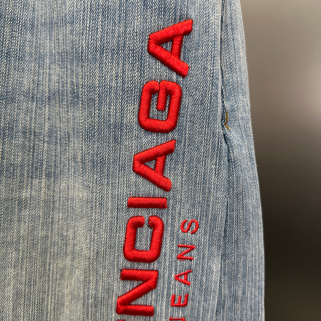 Balenciaga Light Wash Baggy Jeans with Red Side Logo