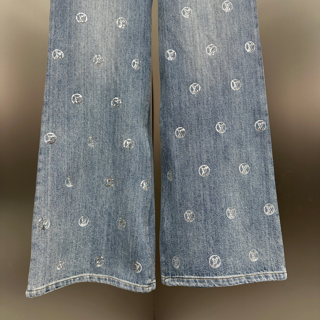 Louis Vuitton Silver LV Monogram Polka Motif Wide-Leg Denim Trousers