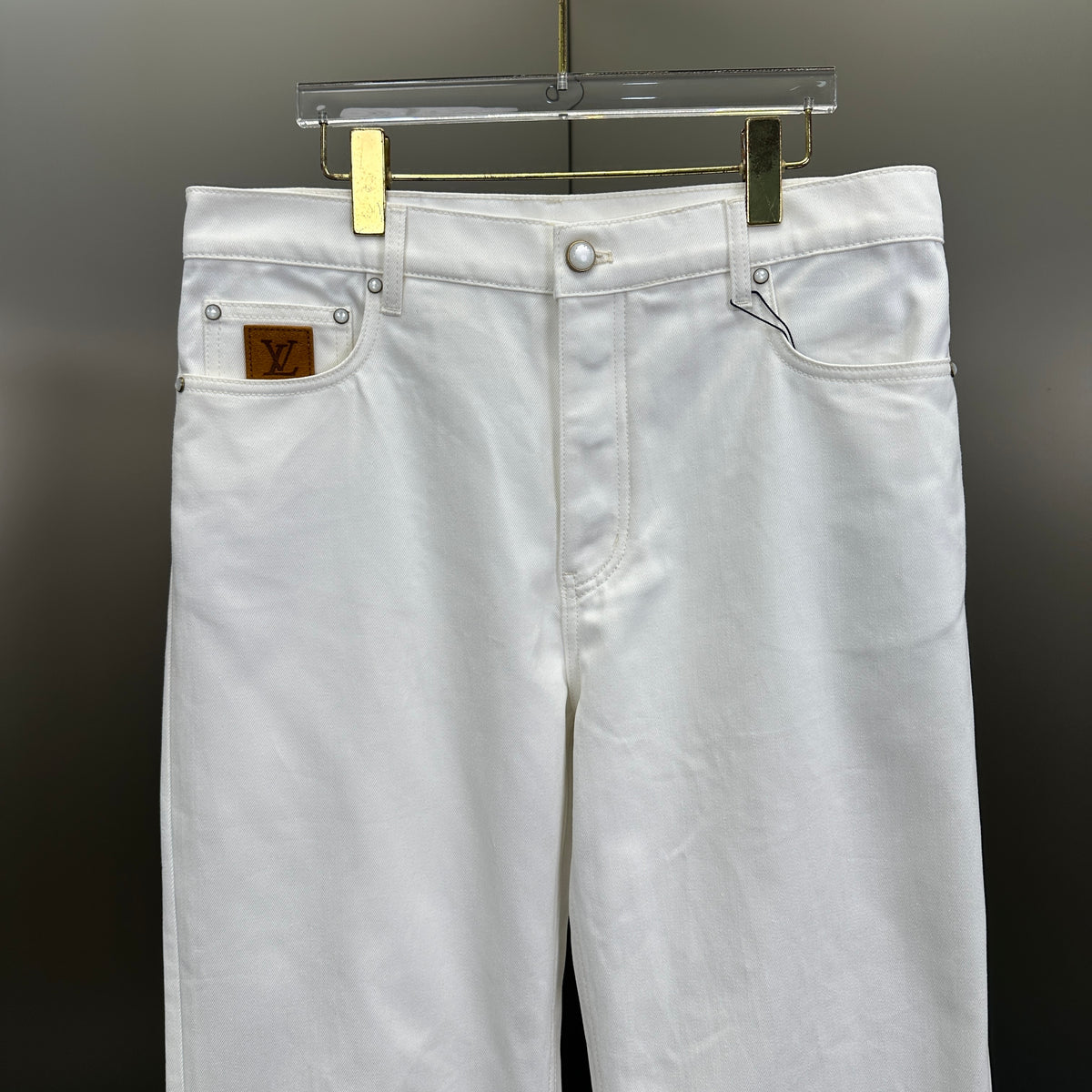 Louis Vuitton Classic Fit White Denim Pants with Tan Logo Patch