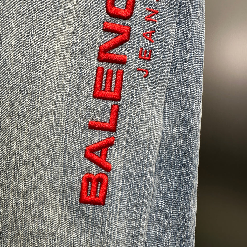 Balenciaga Light Wash Baggy Jeans with Red Side Logo