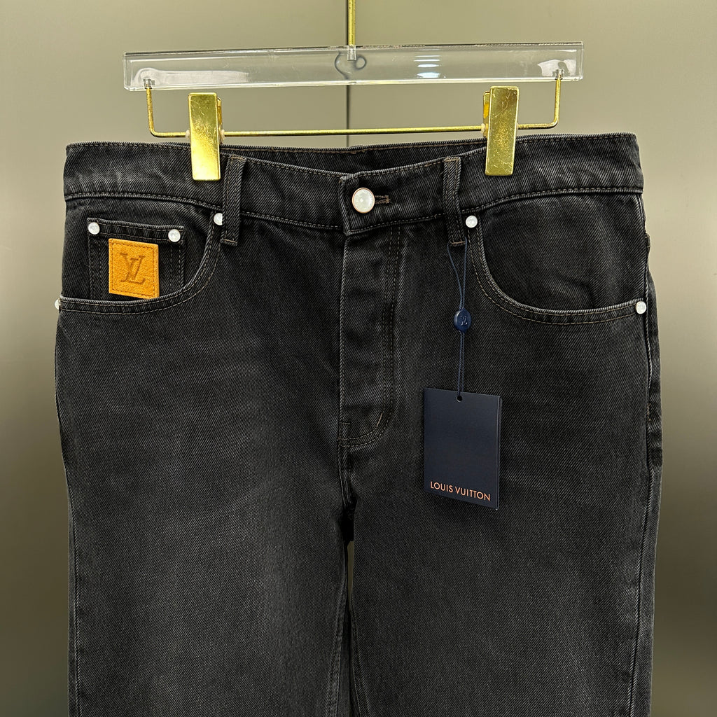 Louis Vuitton Faded Black Straight Denim Trousers with Heritage Leather Accent