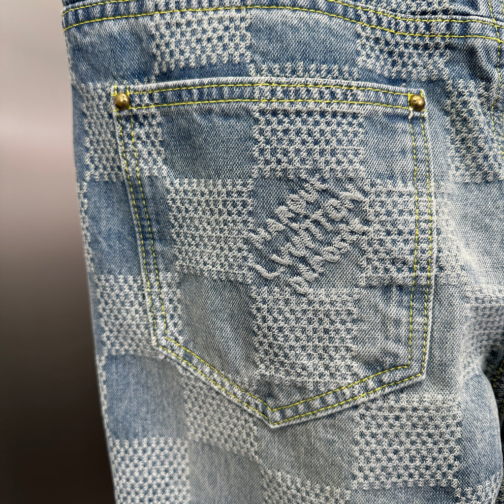 Louis Vuitton Bleached Damier Pattern Denim Trousers with Heritage Inscription