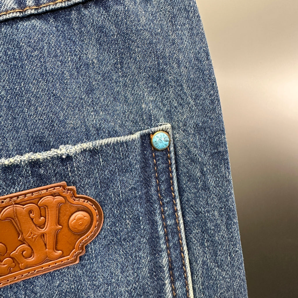 Louis Vuitton Western Turquoise Accent Distressed Utility Denim Trousers