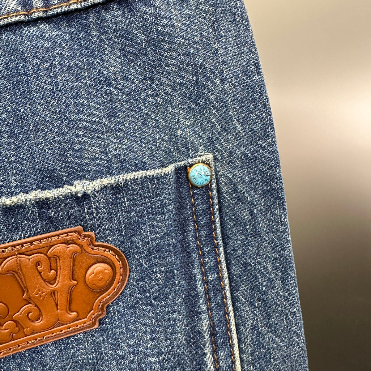 Louis Vuitton Western Turquoise Accent Distressed Utility Denim Trousers