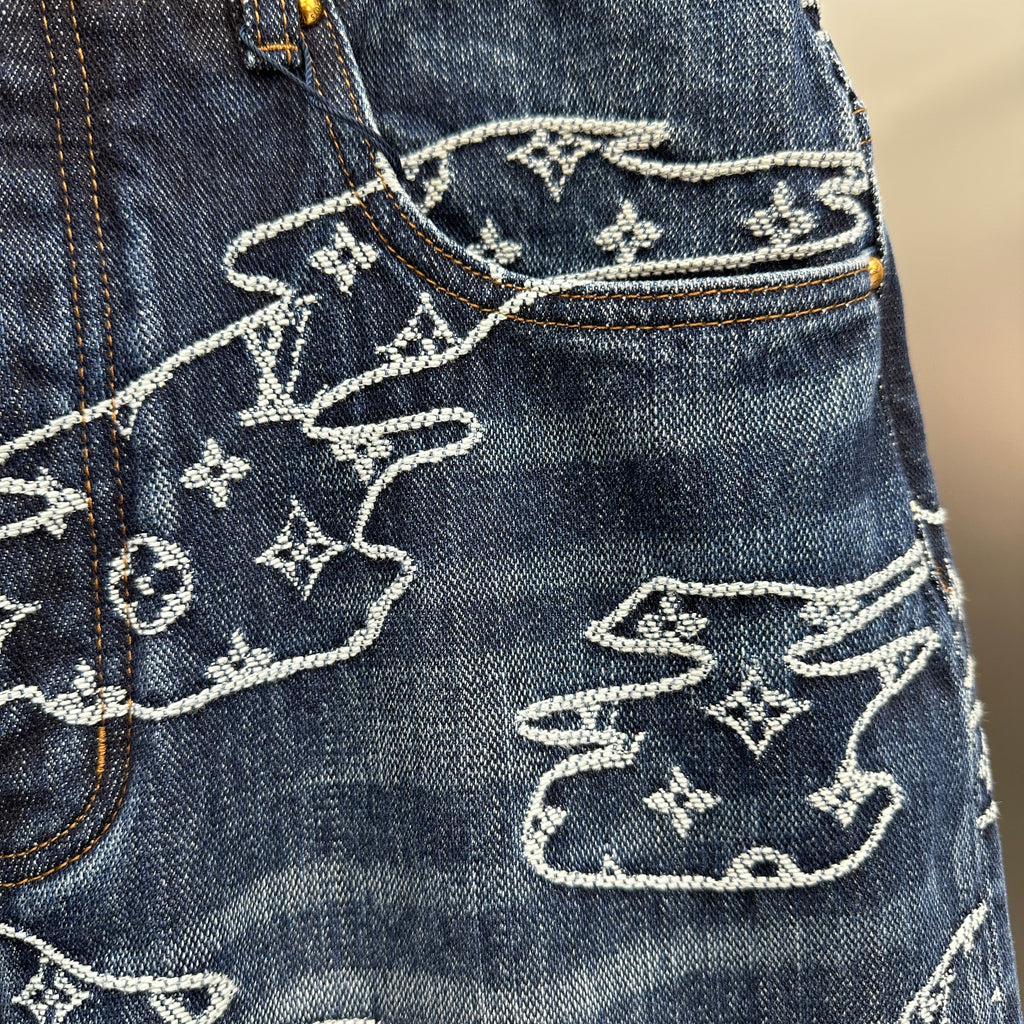 Louis Vuitton White Embroidered Cloud Motif Denim Trousers – Dark Blue