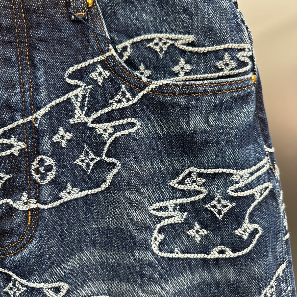 Louis Vuitton White Embroidered Cloud Motif Denim Trousers – Dark Blue