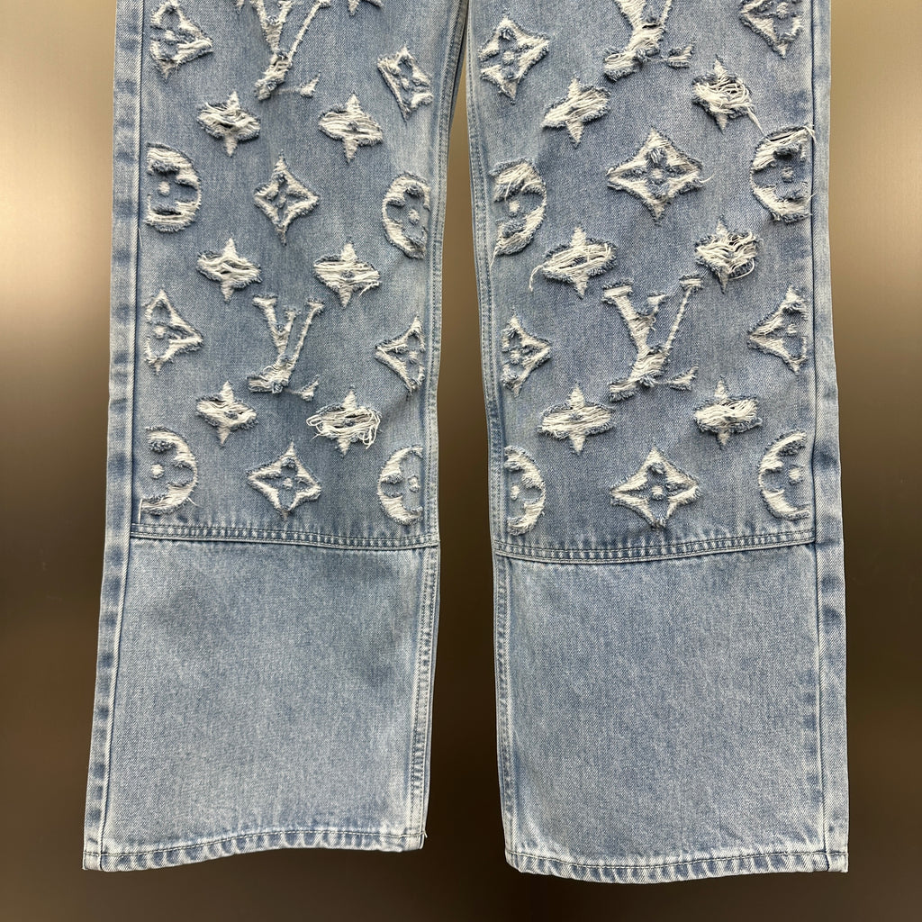 Louis Vuitton Washed Indigo Carpenter Fit Jeans with Frayed Monogram Panels