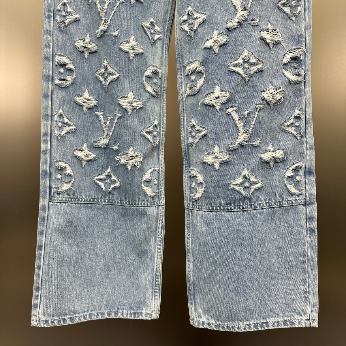 Louis Vuitton Washed Indigo Carpenter Fit Jeans with Frayed Monogram Panels
