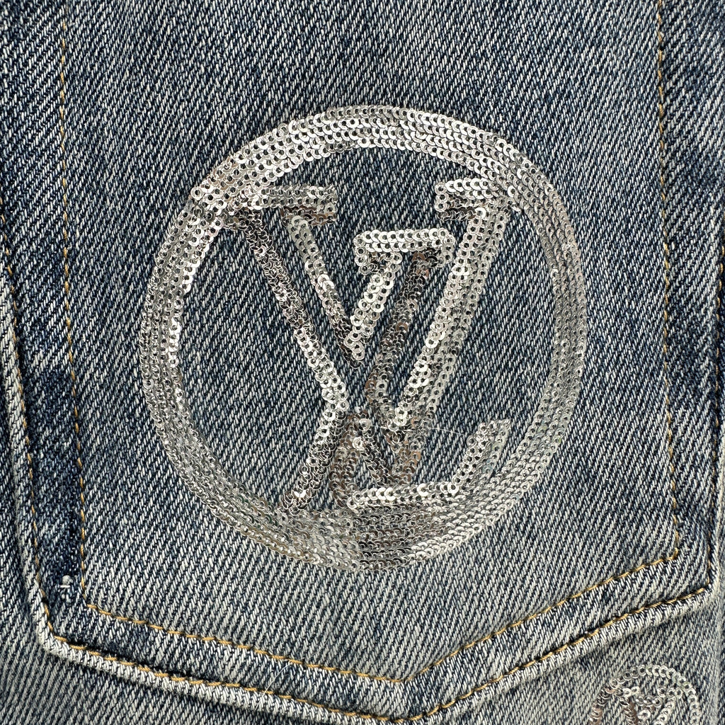 Louis Vuitton Silver LV Monogram Polka Motif Wide-Leg Denim Trousers
