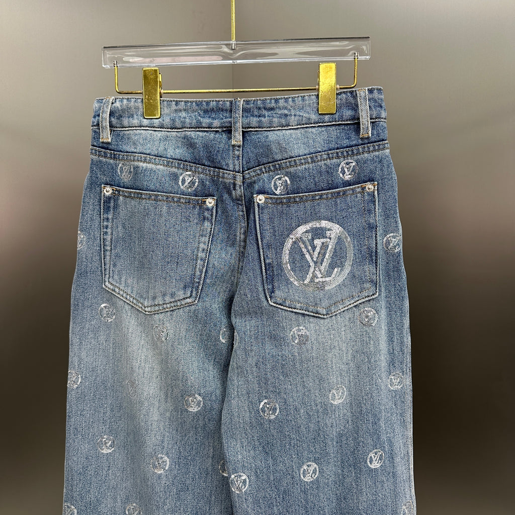 Louis Vuitton Silver LV Monogram Polka Motif Wide-Leg Denim Trousers