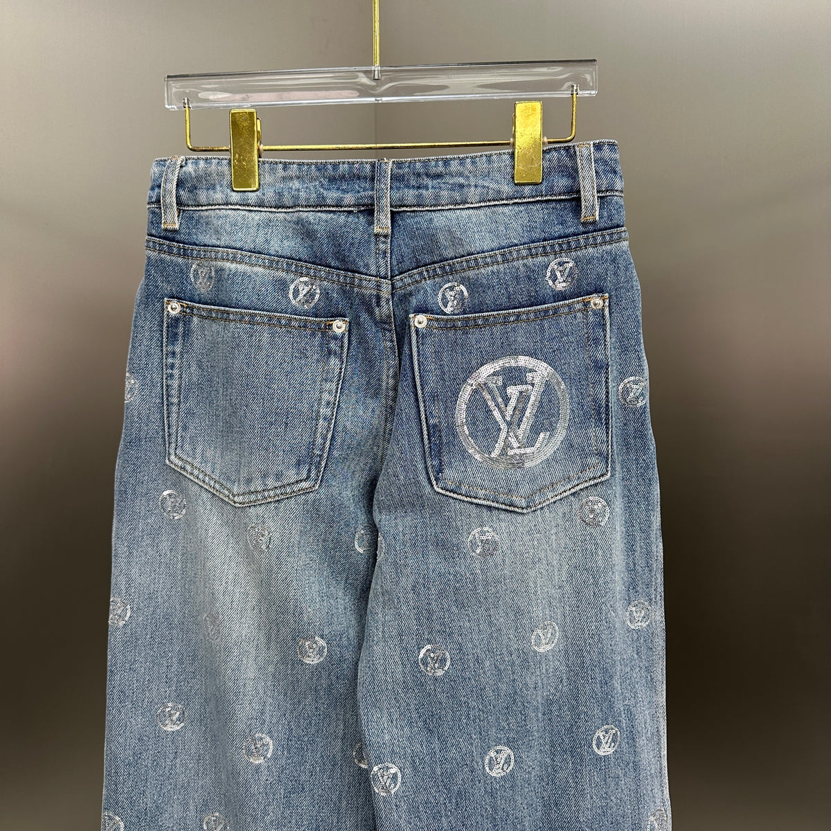 Louis Vuitton Silver LV Monogram Polka Motif Wide-Leg Denim Trousers