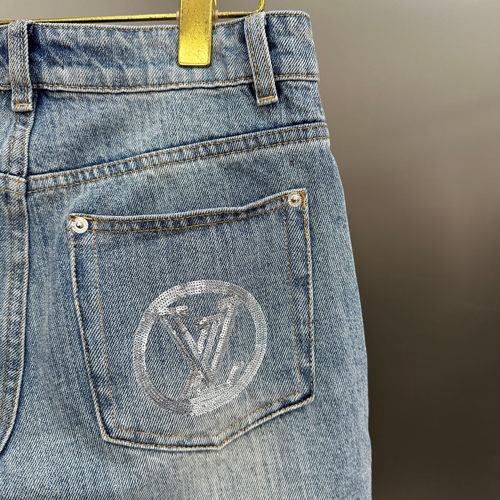Louis Vuitton Silver LV Monogram Pocket Wide-Leg Denim Trousers