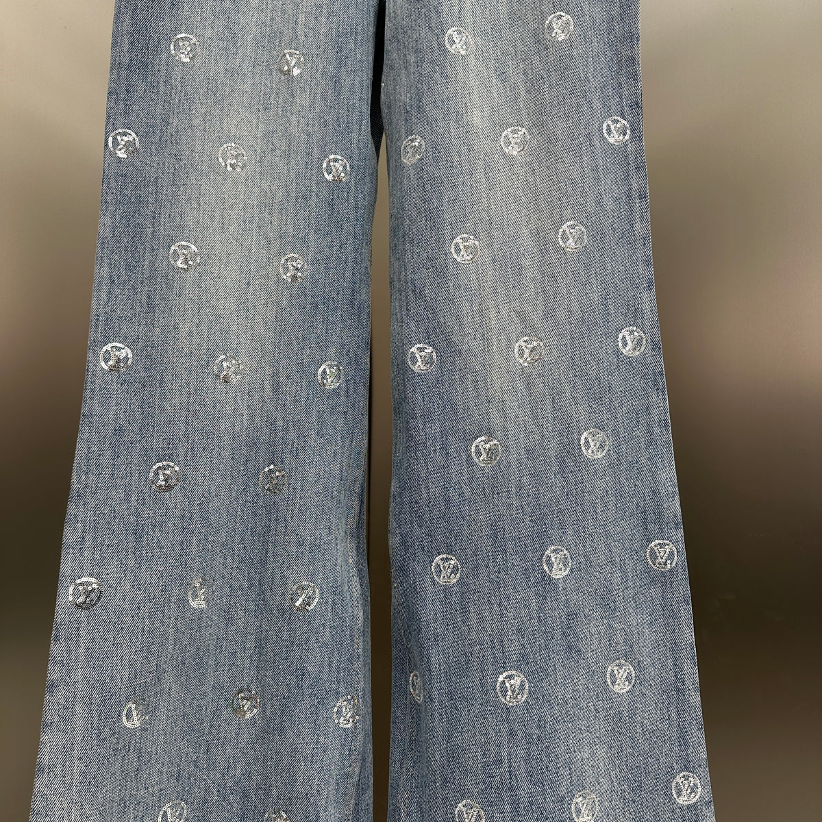 Louis Vuitton Silver LV Monogram Polka Motif Wide-Leg Denim Trousers