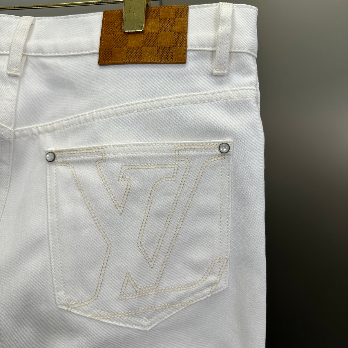 Louis Vuitton Classic Fit White Denim Pants with Tan Logo Patch
