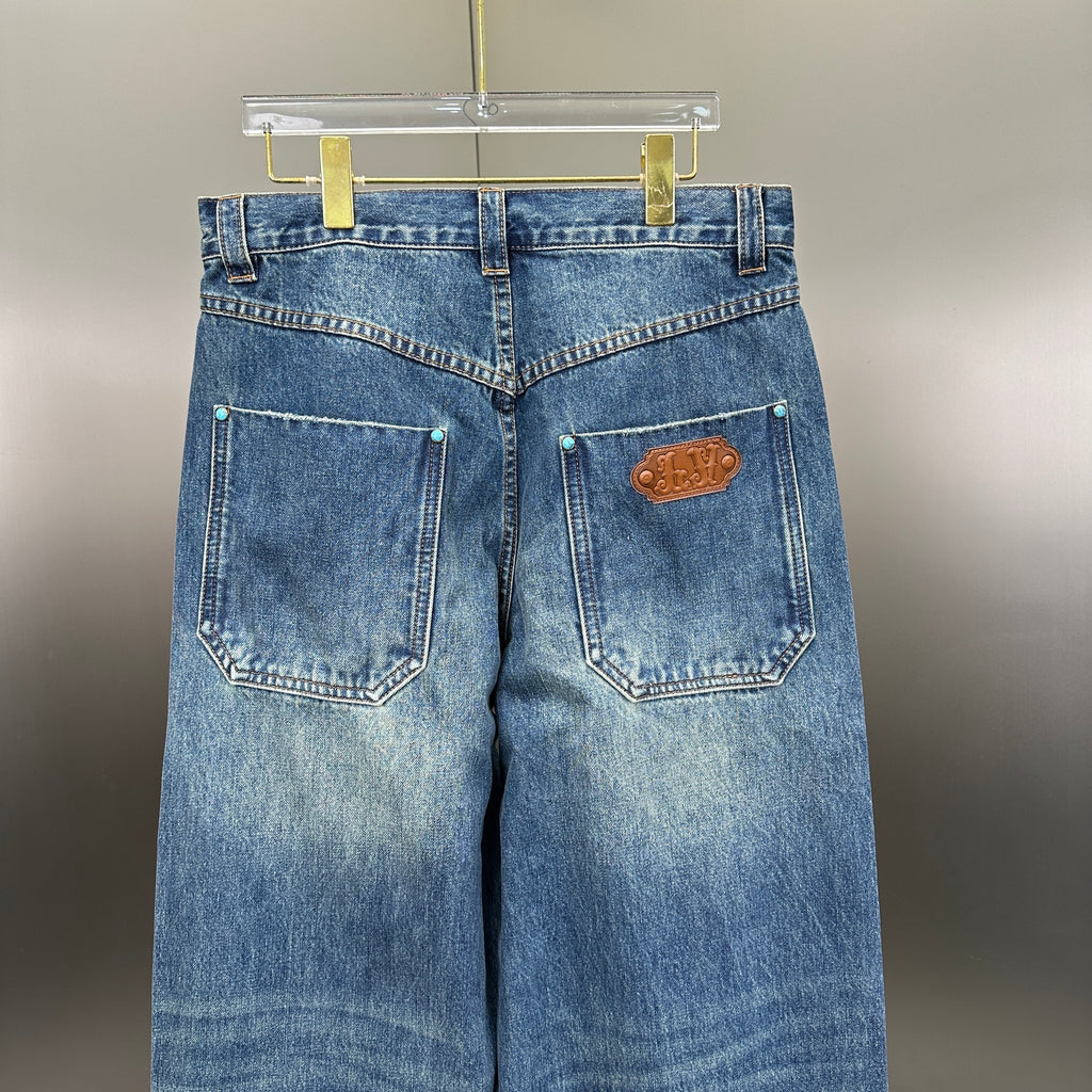 Louis Vuitton Western Turquoise Accent Distressed Utility Denim Trousers