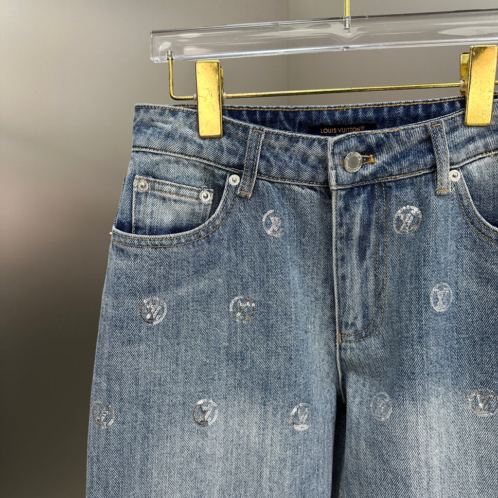 Louis Vuitton Silver LV Monogram Polka Motif Wide-Leg Denim Trousers