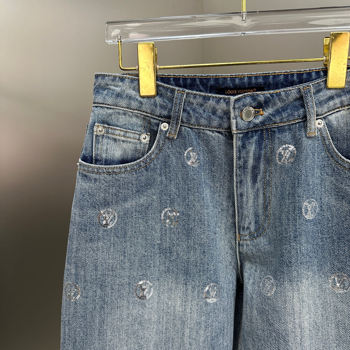 Louis Vuitton Silver LV Monogram Polka Motif Wide-Leg Denim Trousers
