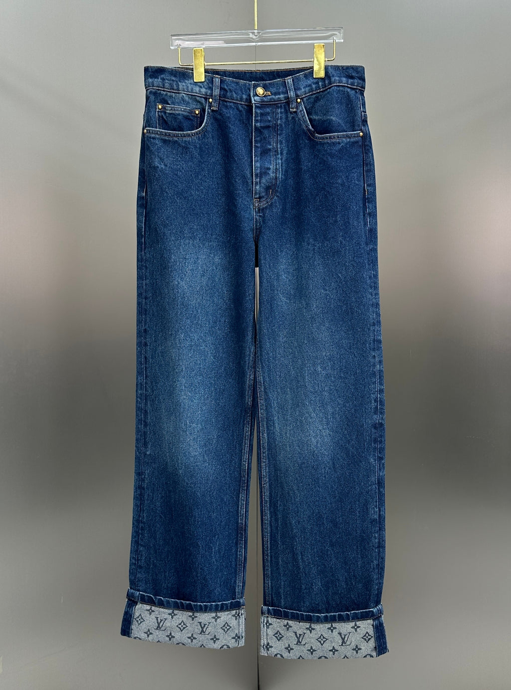 Louis Vuitton Rolled Hem Monogram Canvas Detail Denim Trousers