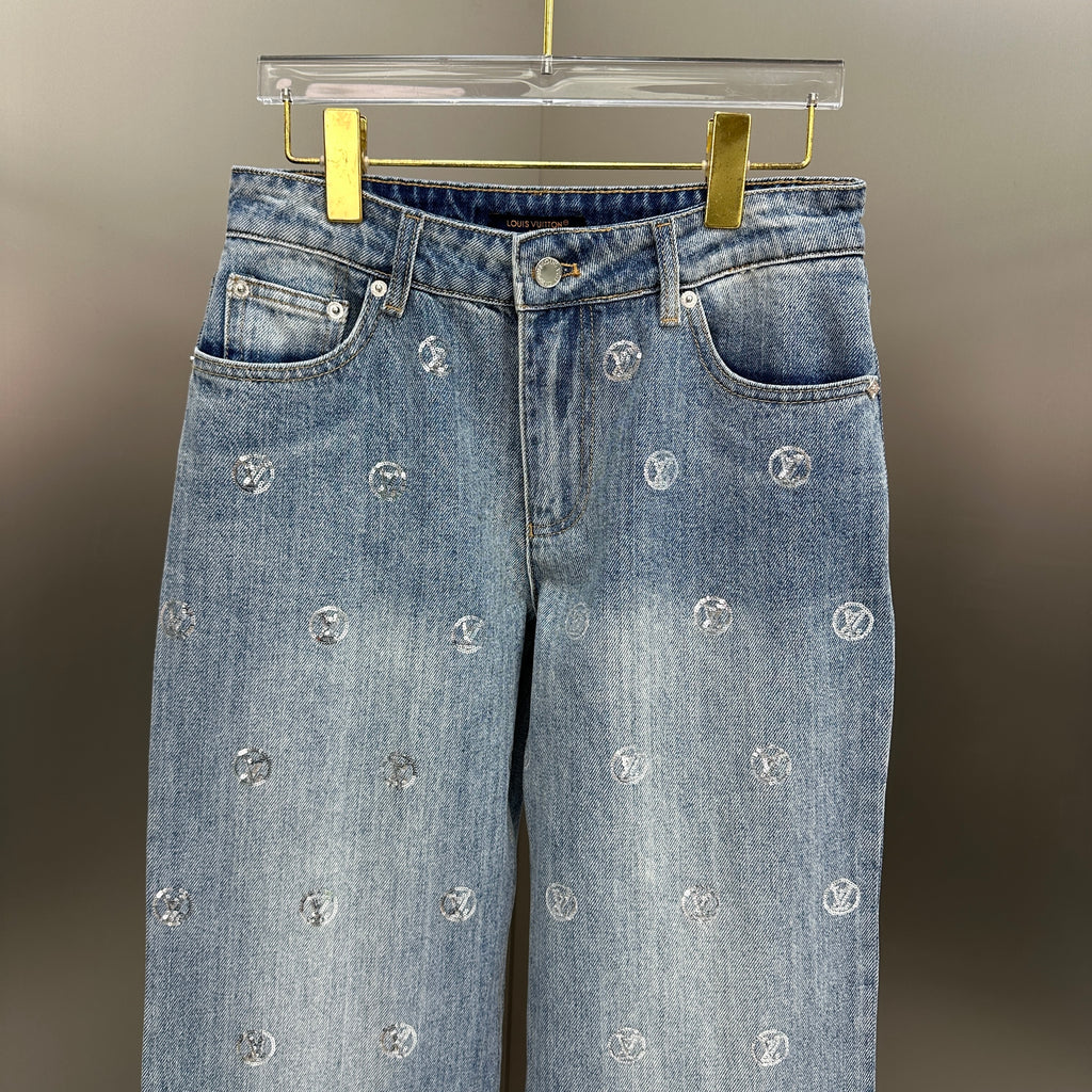 Louis Vuitton Silver LV Monogram Polka Motif Wide-Leg Denim Trousers