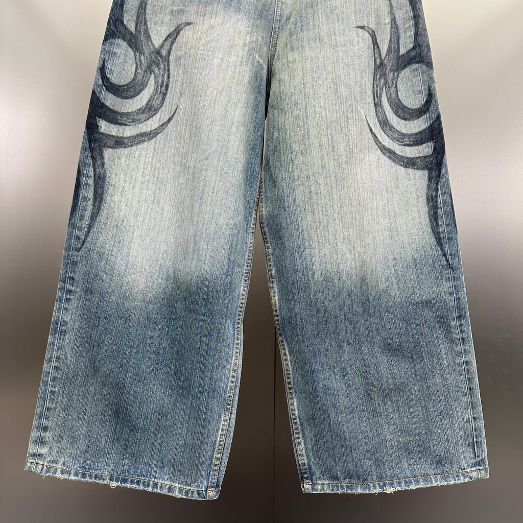 Balenciaga Faded Blue Flame Tribal Wide-Leg Denim