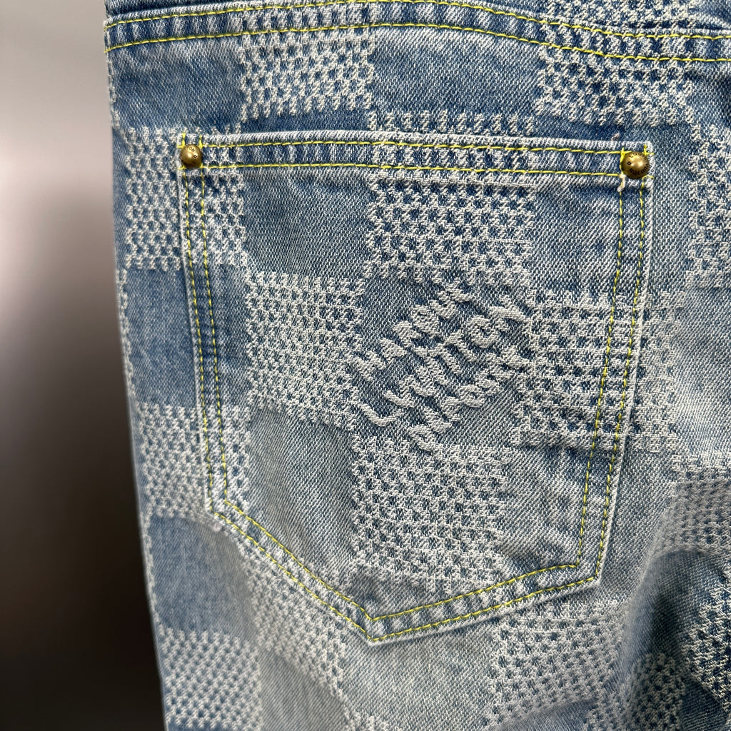 Louis Vuitton Bleached Damier Pattern Denim Trousers with Heritage Inscription