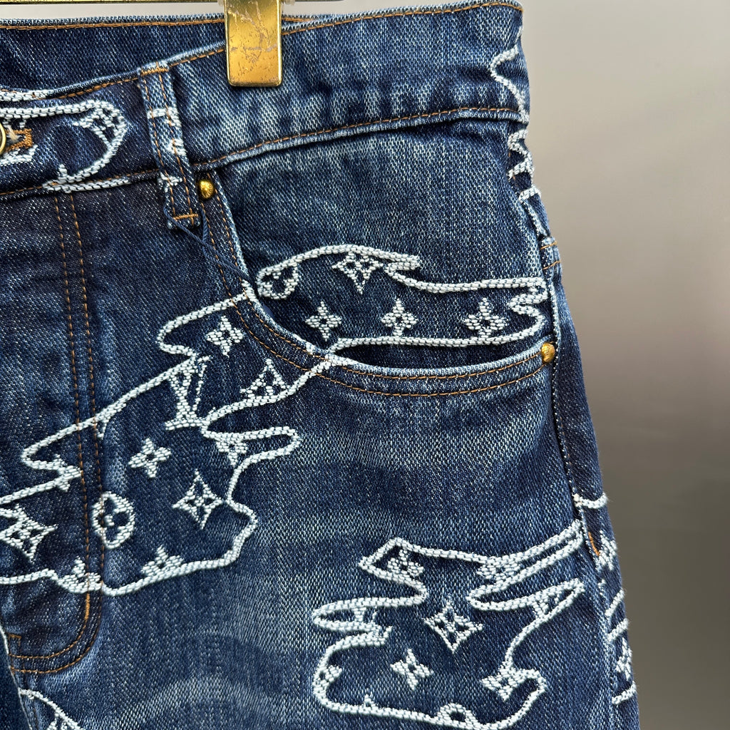 Louis Vuitton White Embroidered Cloud Motif Denim Trousers – Dark Blue