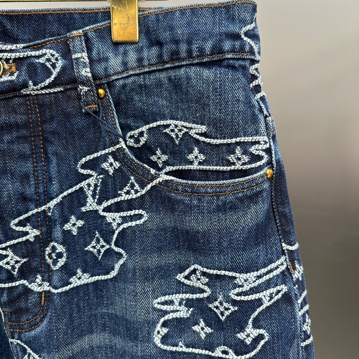 Louis Vuitton White Embroidered Cloud Motif Denim Trousers – Dark Blue