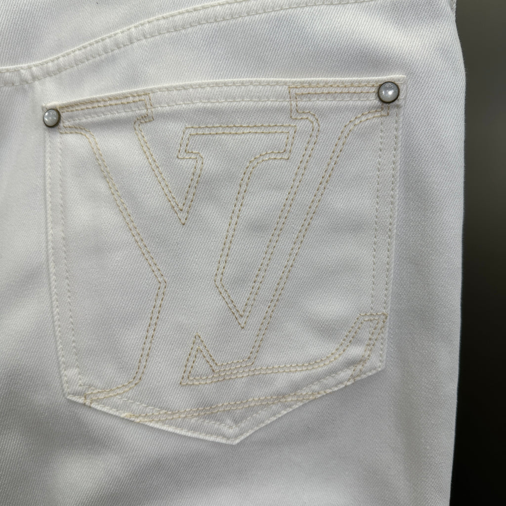 Louis Vuitton Classic Fit White Denim Pants with Tan Logo Patch