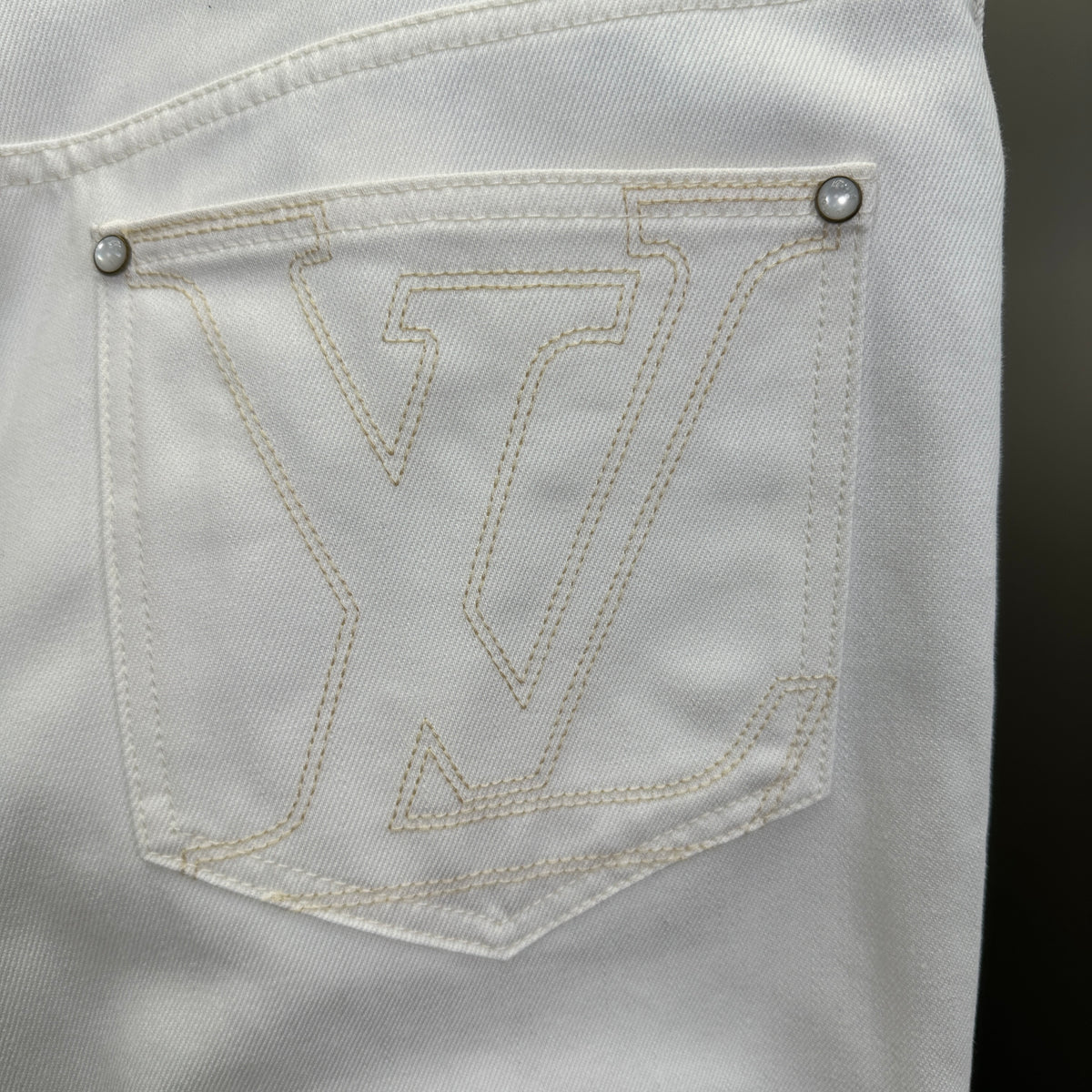 Louis Vuitton Classic Fit White Denim Pants with Tan Logo Patch
