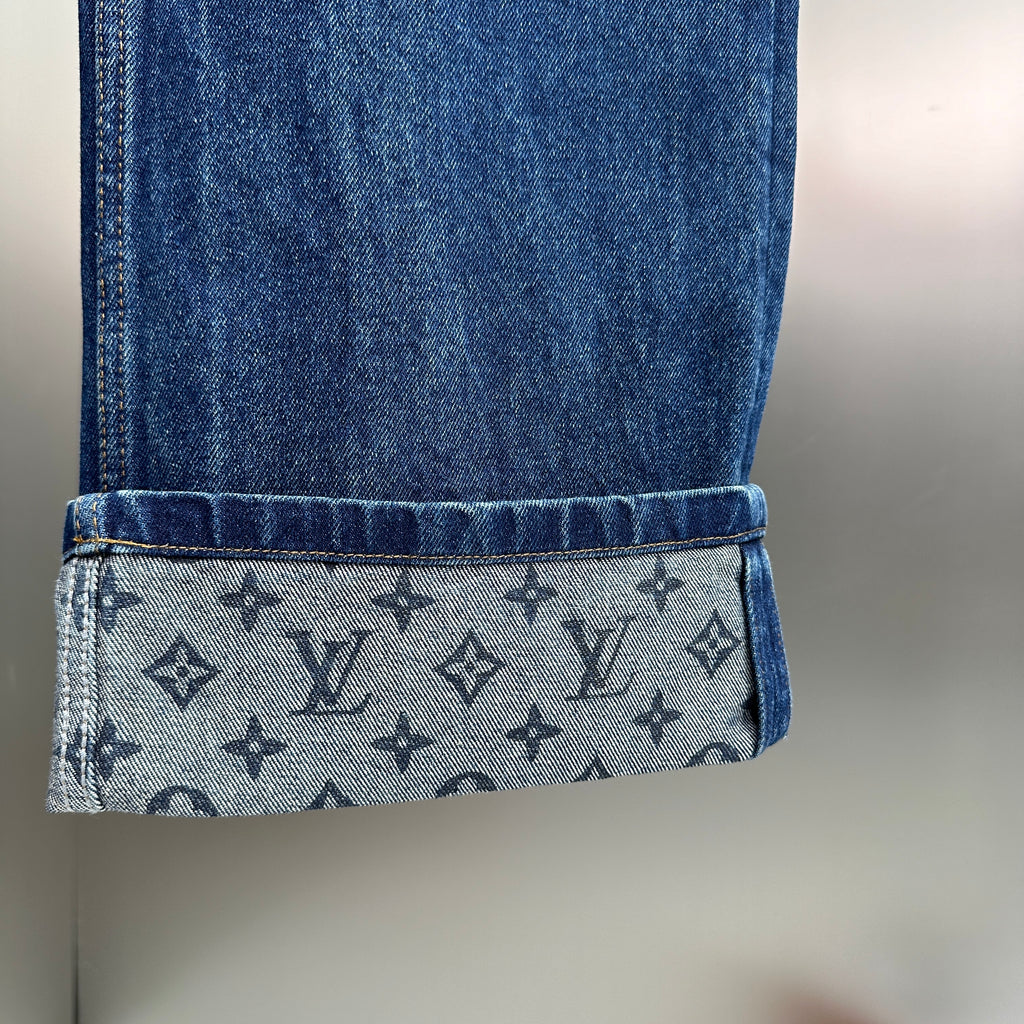 Louis Vuitton Rolled Hem Monogram Canvas Detail Denim Trousers