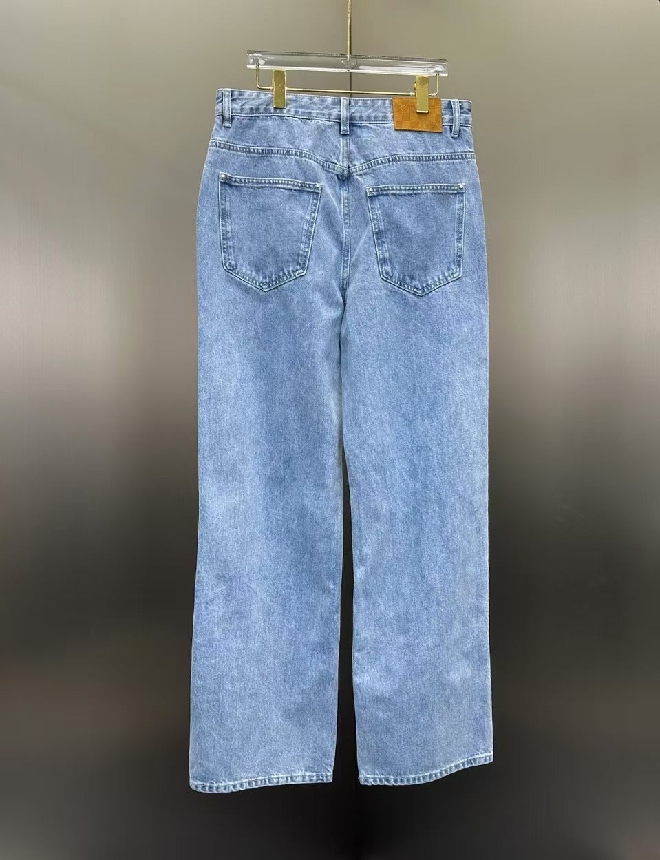 Louis Vuitton Washed Indigo Carpenter Fit Jeans with Frayed Monogram Panels