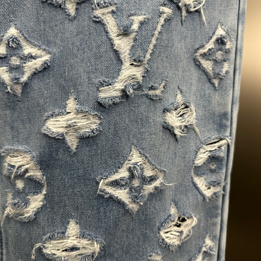 Louis Vuitton Washed Indigo Carpenter Fit Jeans with Frayed Monogram Panels