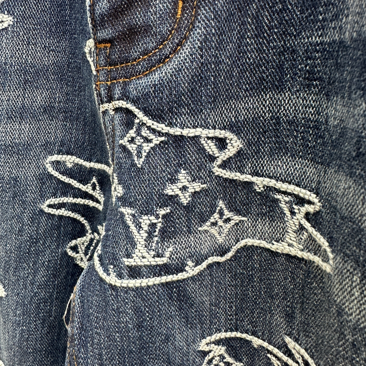 Louis Vuitton White Embroidered Cloud Motif Denim Trousers – Dark Blue